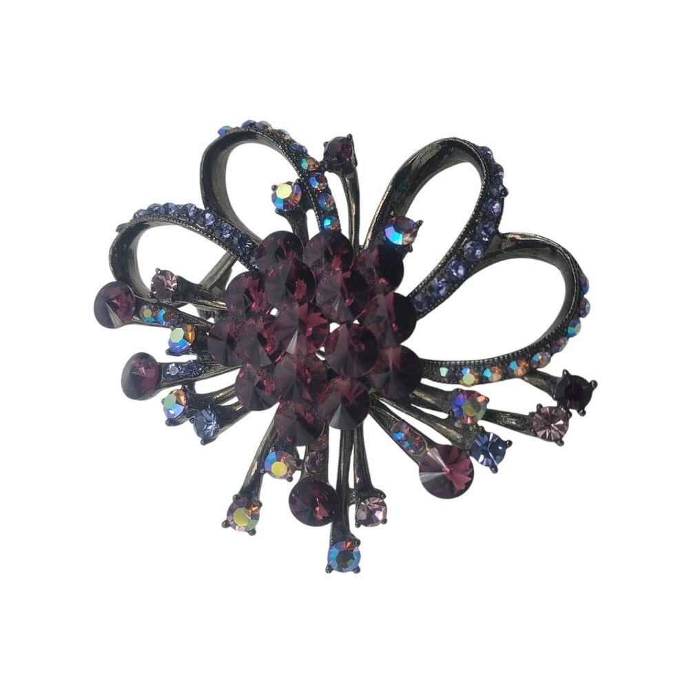Vintage Amethyst-Colored and AB Rhinestone Tiered Openwork Gunmetal Brooch NOS